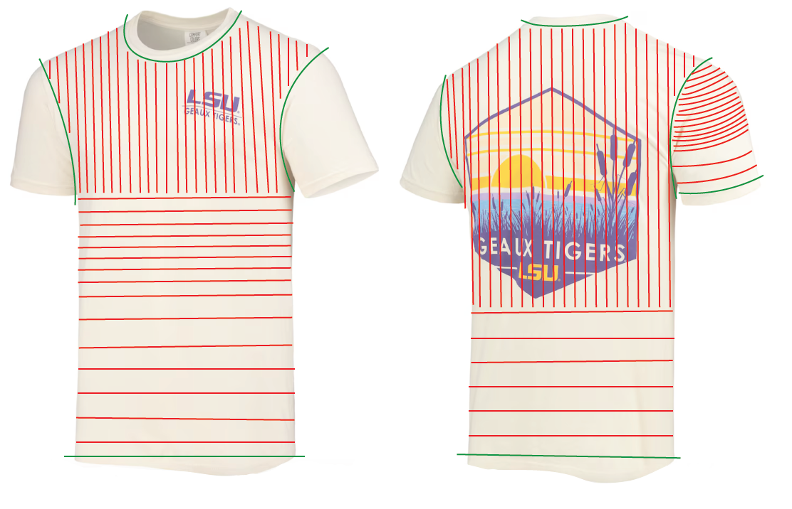 LSU t-shirt front and back with cutting guide lines