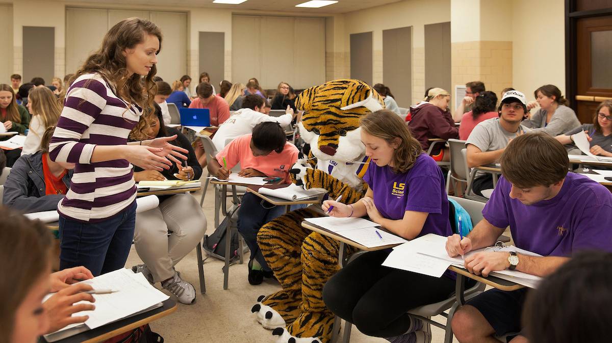 Mike the Tiger and students in a group tutoring session Mike the Tiger and students in a group tutoring session