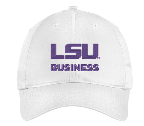 white hat with LSU Business in purple