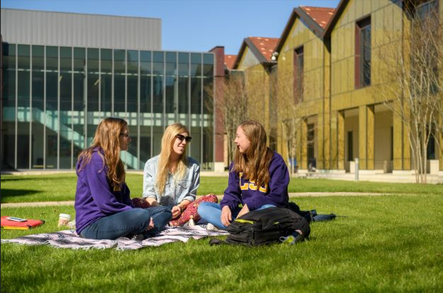Three students sitting on the gass in the BEC courtyard