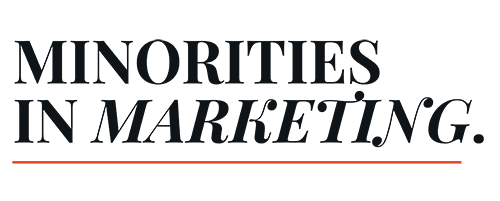 Minorities in Marketing logo, black text and a red line 