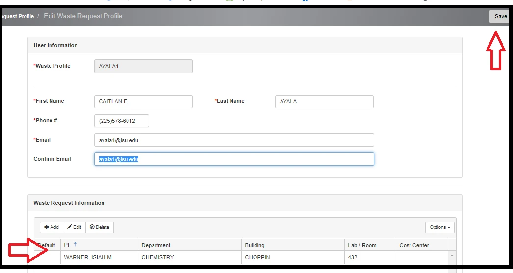 On the "Edit Waste Request Profile" page, an arrow points to the PI drop-down box.