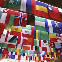 Flags hang at the International Cultural Center.