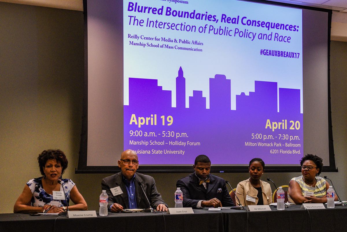 Community representatives discuss issues of race and media during the Breaux Symposium's Media Access Panel