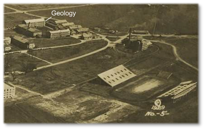 sepia toned aerial photo of former location of LSU Geology Department circa 1929