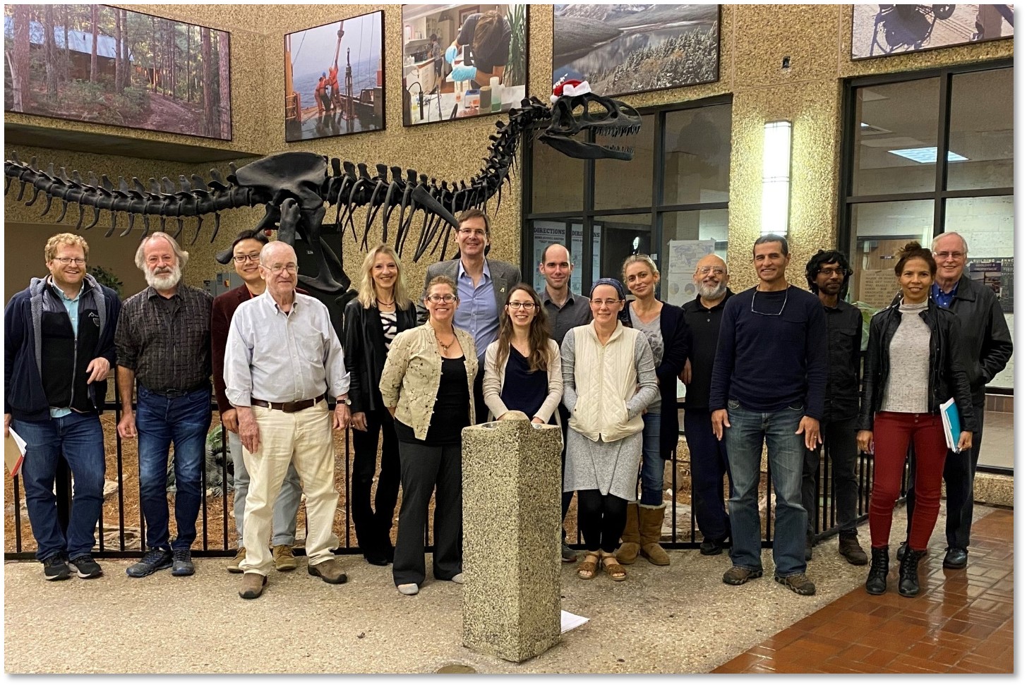 Figure 9. Partial group of active and emeritus faculty in the Department of Geology and Geophysics (2019). From left to right – Achim Herrmann, Darrell Henry, Guangsheng Zhuang, Jeff Hanor, Barb Dutrow, Carol Wilson, Jon Snow, Dominique Garello, Adam Forte, Karen Luttrell, Sophie Warny, Juan Lorenzo, Phil Bart, Suniti Karunatillake. Patricia Persaud and Brooks Ellwood. Missing faculty: Sam Bentley, Peter Clift, Peter Doran, Amy Luther, Jianwei Wang, and Carol Wicks.