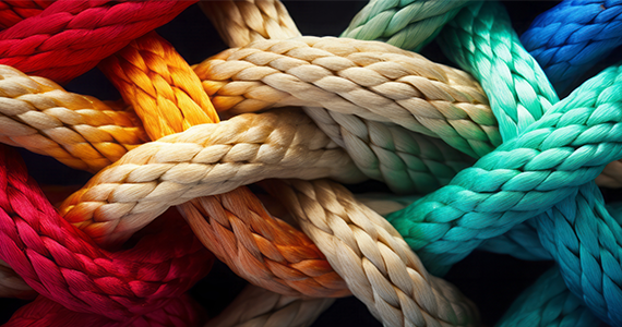 Colorful interwoven ropes representing partnership and community connection.