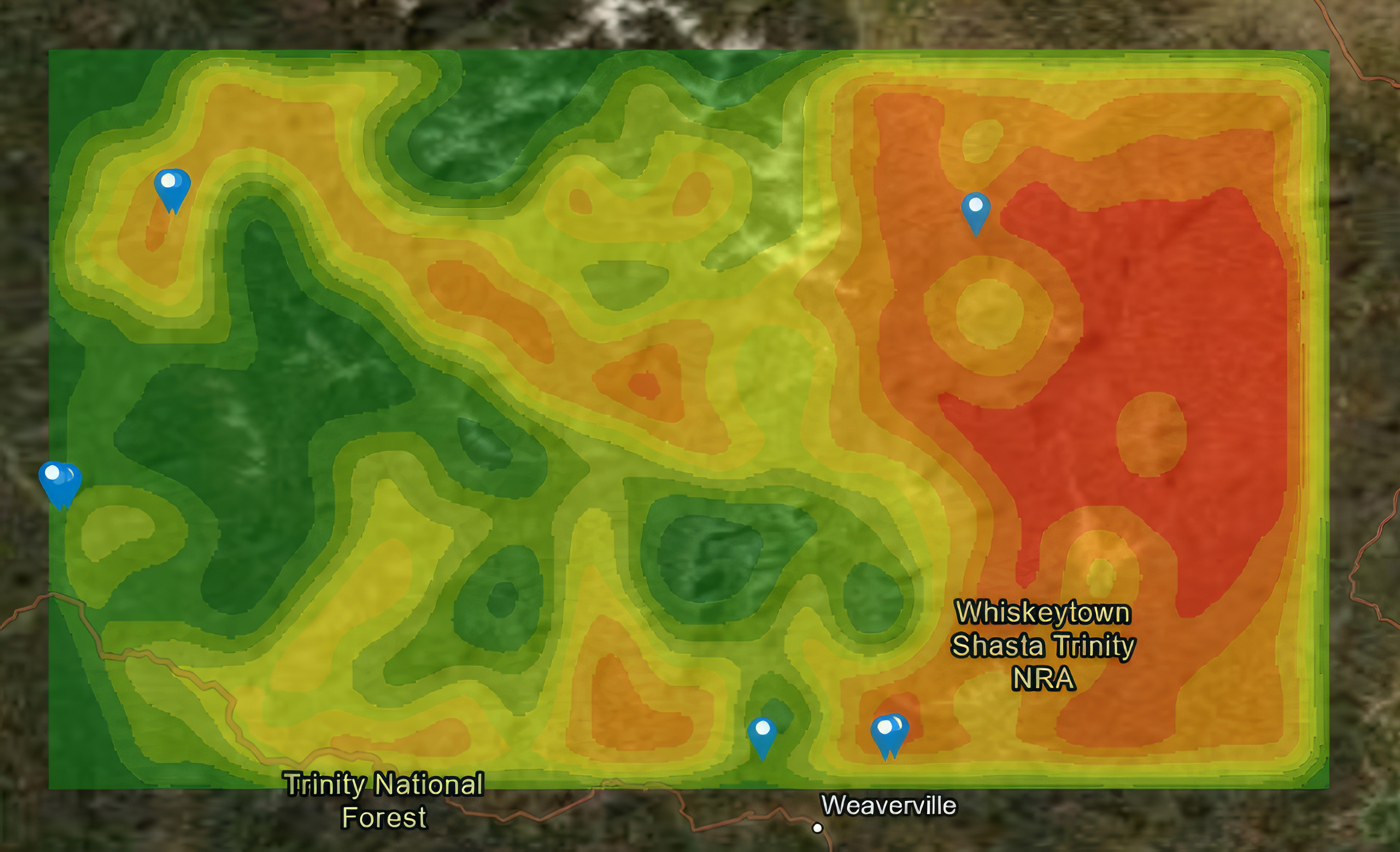 Wildfire risk map using red and green areas to designation wildfire-prone areasd